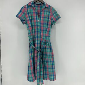 Brooks Brothers Belted Shirt Dress Women 6 Colorful Plaid Short Sleeve FitFlare